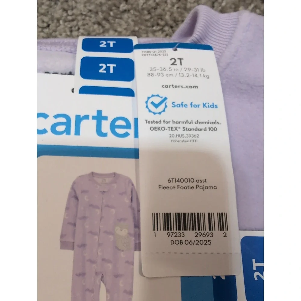 Carter's Kids 2T Purple Fleece Footie Pajama Owl‎ Moon Stars Sleepwear